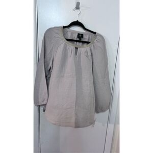 JM COLLECTION TAN GAUZE GOLD TRIM BOHO BLOUSE TOP WOMENS SZ PETITE L P1-284